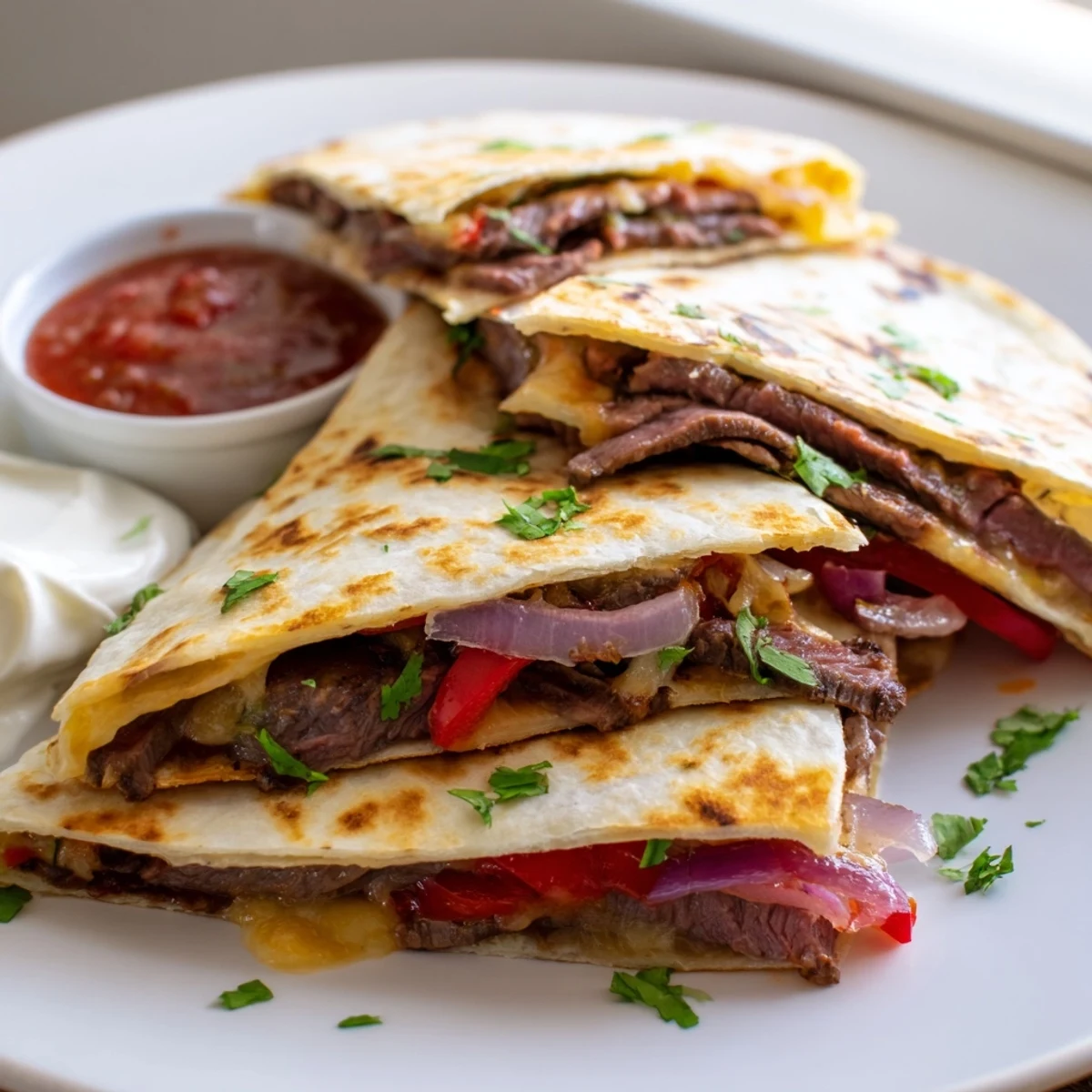 Crispy steak quesadillas loaded with melted cheese and colorful peppers on a wooden board