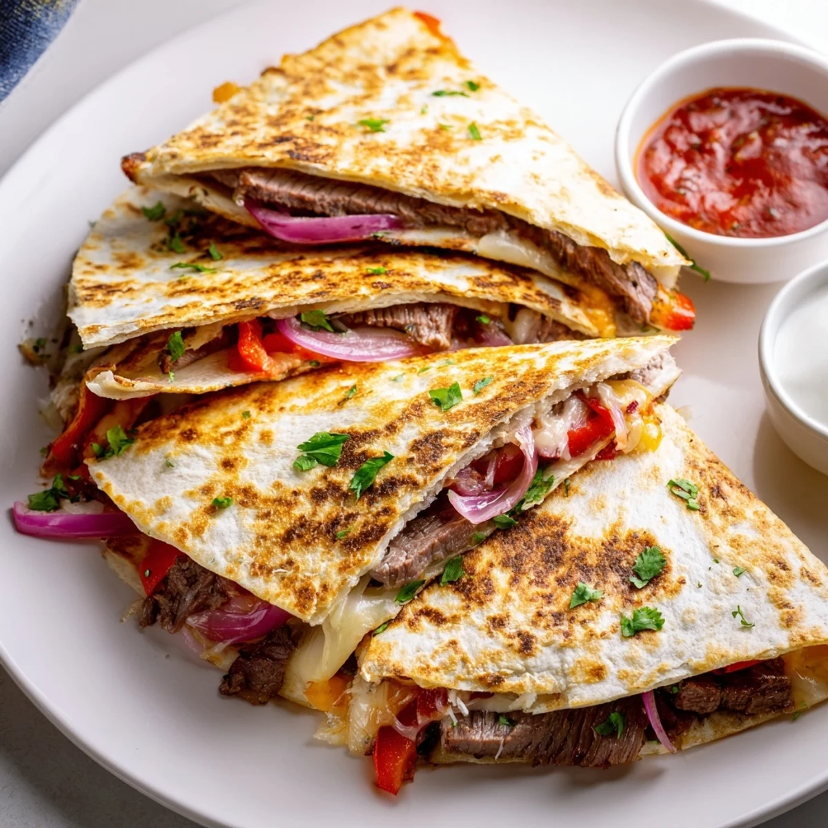 Golden steak quesadillas cut into triangles beside fresh guacamole and zesty salsa