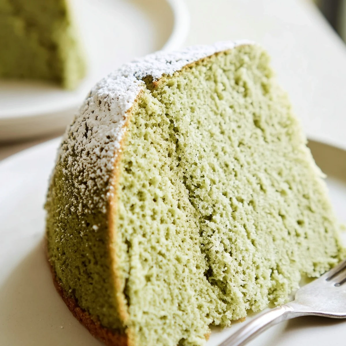 Moist green matcha cake with a delicate crumb served alongside a steaming cup of tea