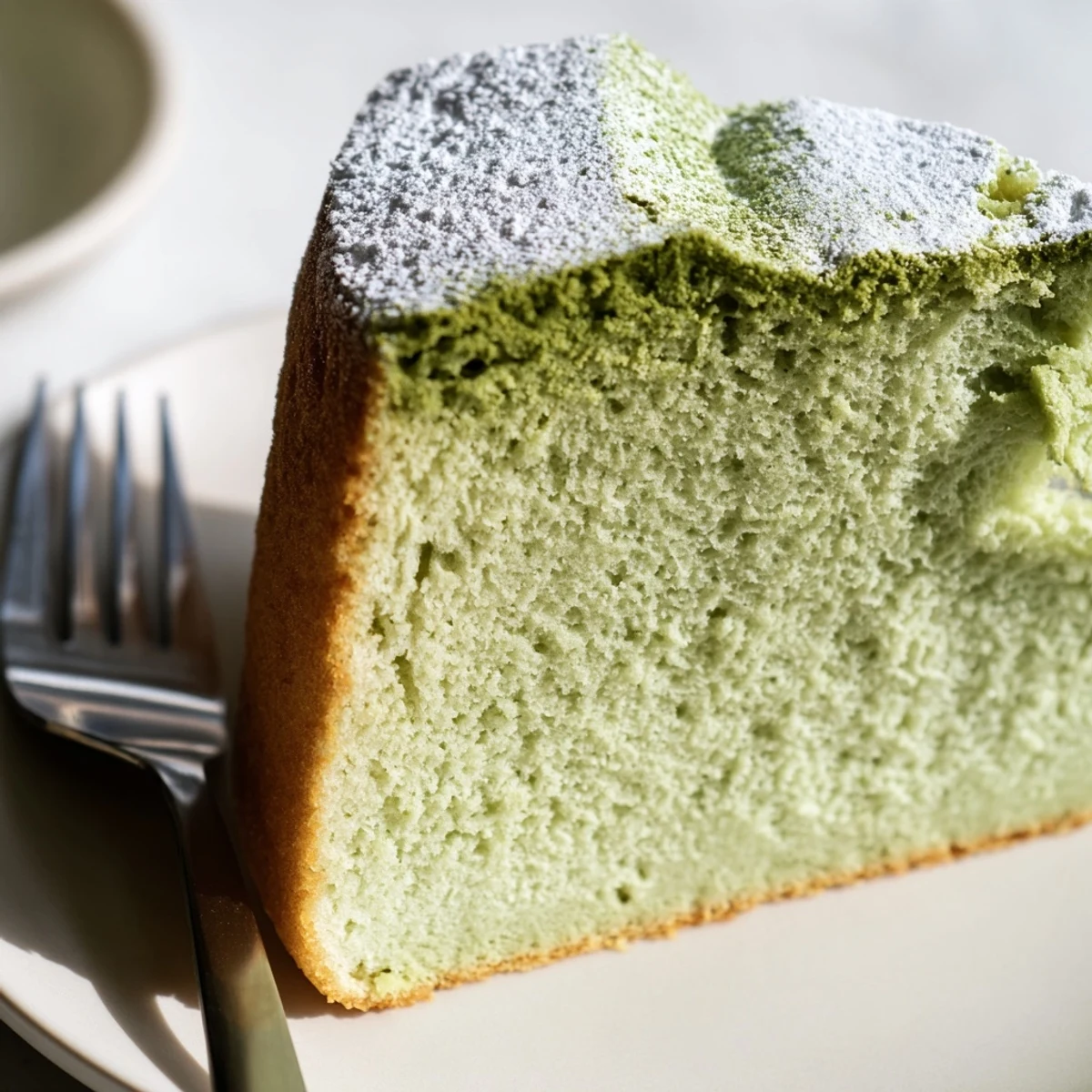 A slice of tender matcha cake dusted with green tea powdered sugar on a white plate