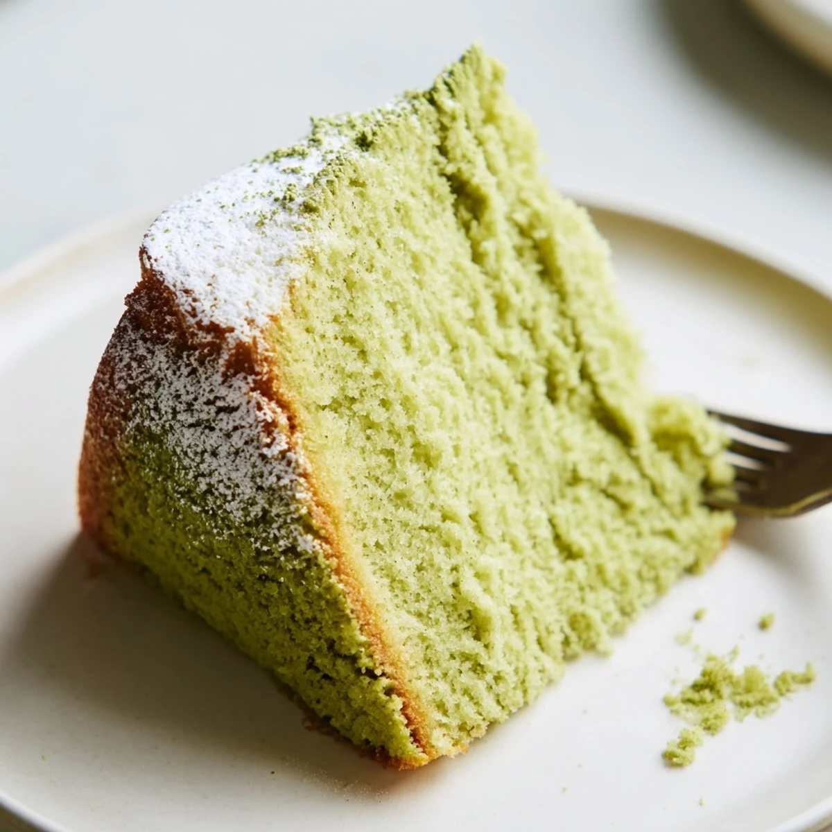 A fluffy matcha cake topped with a shimmering layer of powdered matcha and fresh berries