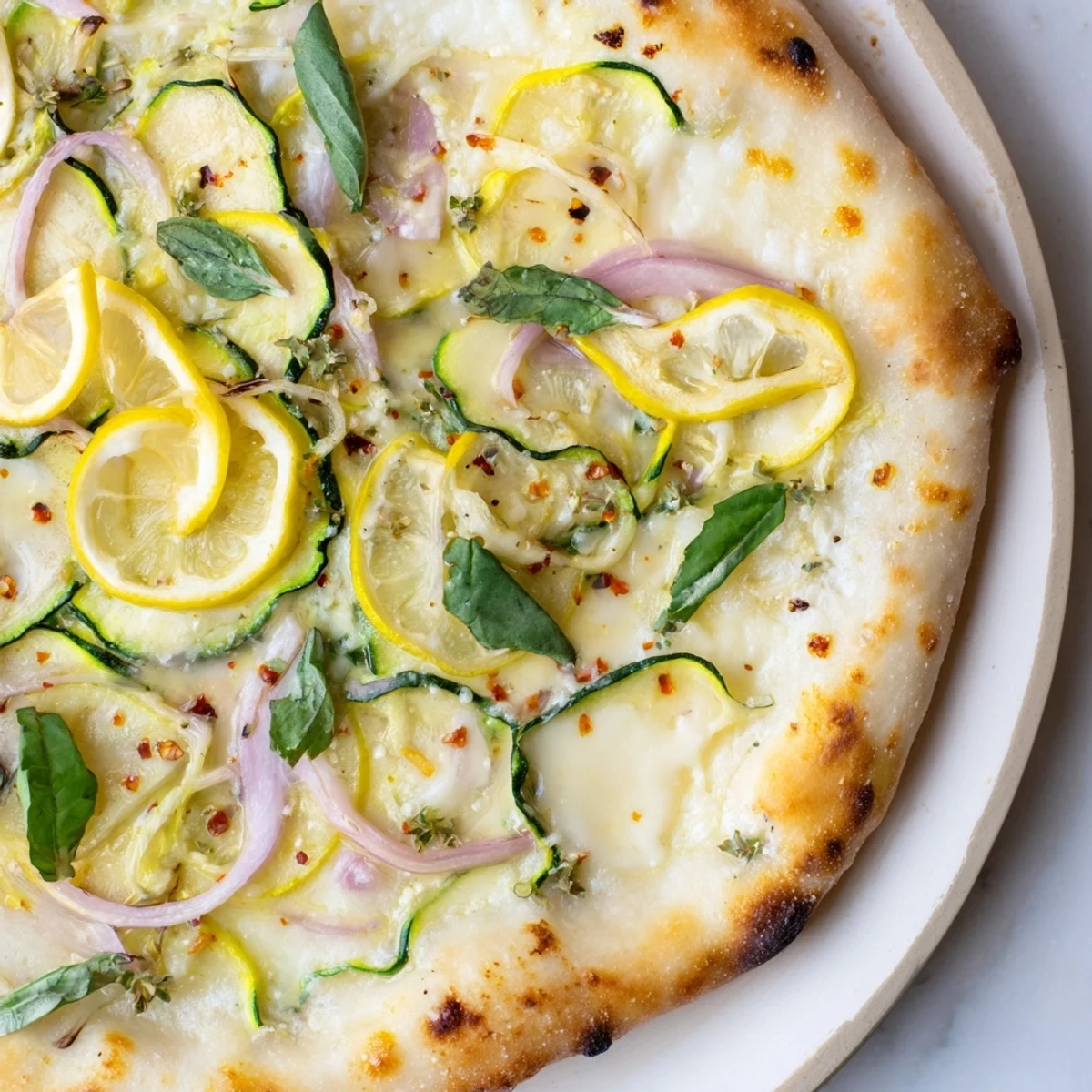 Golden zesty summer lemon pizza with creamy ricotta, fresh basil, and tangy lemon slices on a bubbling crust