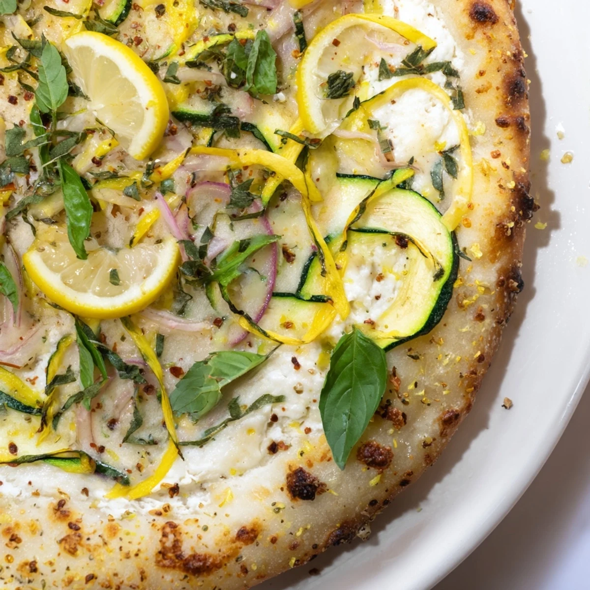 Thin zucchini ribbons and dollops of lemon ricotta top this vibrant zesty summer lemon pizza fresh from the oven