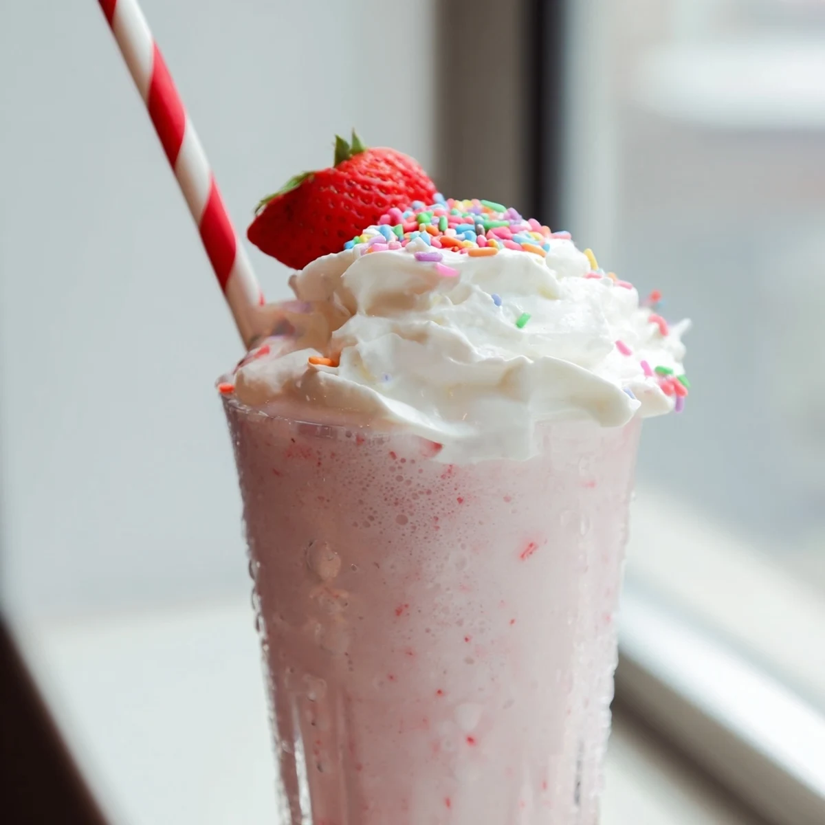 Creamy strawberry milkshake topped with whipped cream in a tall glass