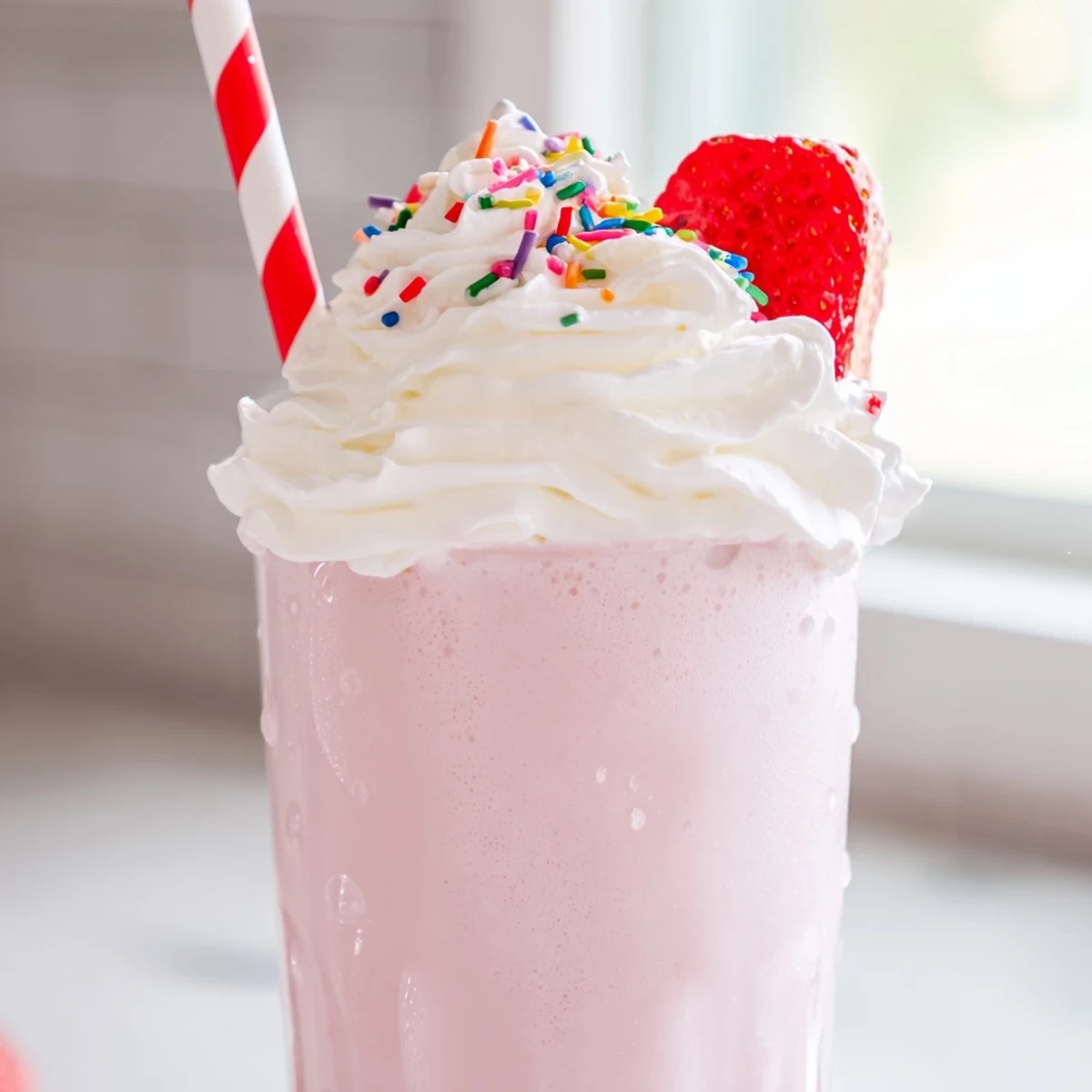 Thick pink strawberry milkshake garnished with fresh berries and a striped straw