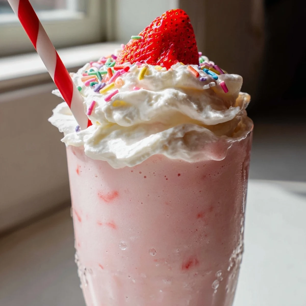 Chilled strawberry milkshake served in a frosted glass with a fluffy whipped topping