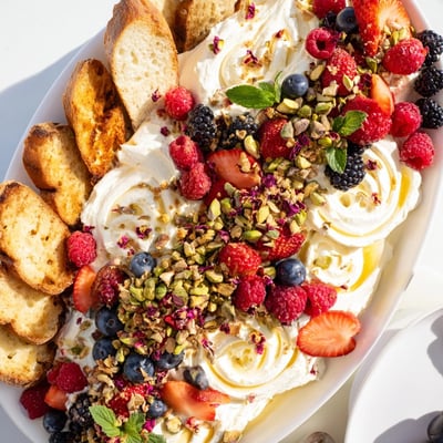 Sweet, shareable Butter Board Dessert Version: toasted bread, berry-topped cream cheese, nuts, and chocolate.