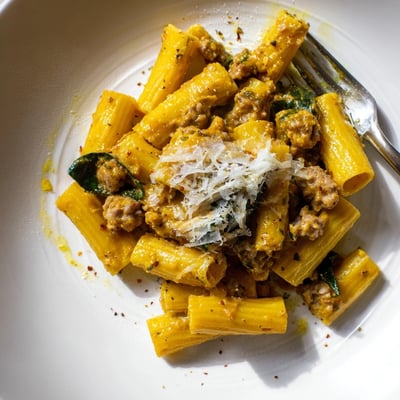 Close-up of Sausage Pumpkin Rigatoni; savory sausage, al dente pasta in rich pumpkin sauce.