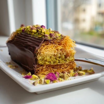 A decadent, layered Pistachio Knafeh Chocolate Bar, ready to enjoy with rich milk chocolate.