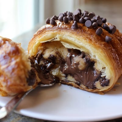 Close-up of a baked Viral Cookie Croissant, showing layered dough and melted chocolate chips.