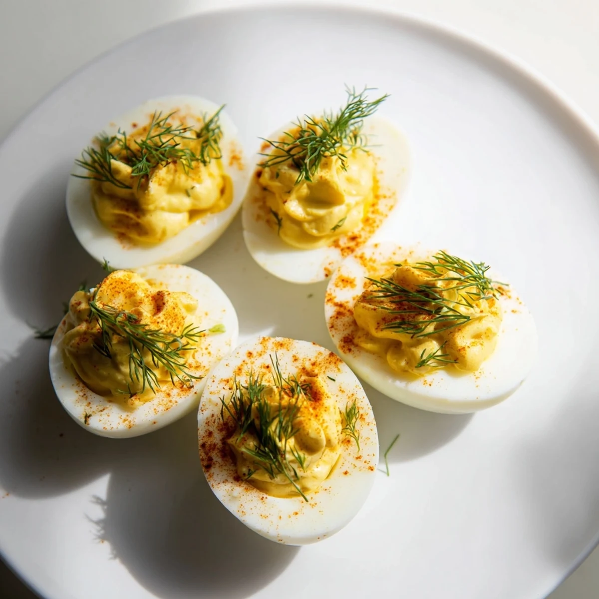 Perfectly chilled deviled eggs with fresh dill and smoked paprika on a white platter, ready for a party spread.  