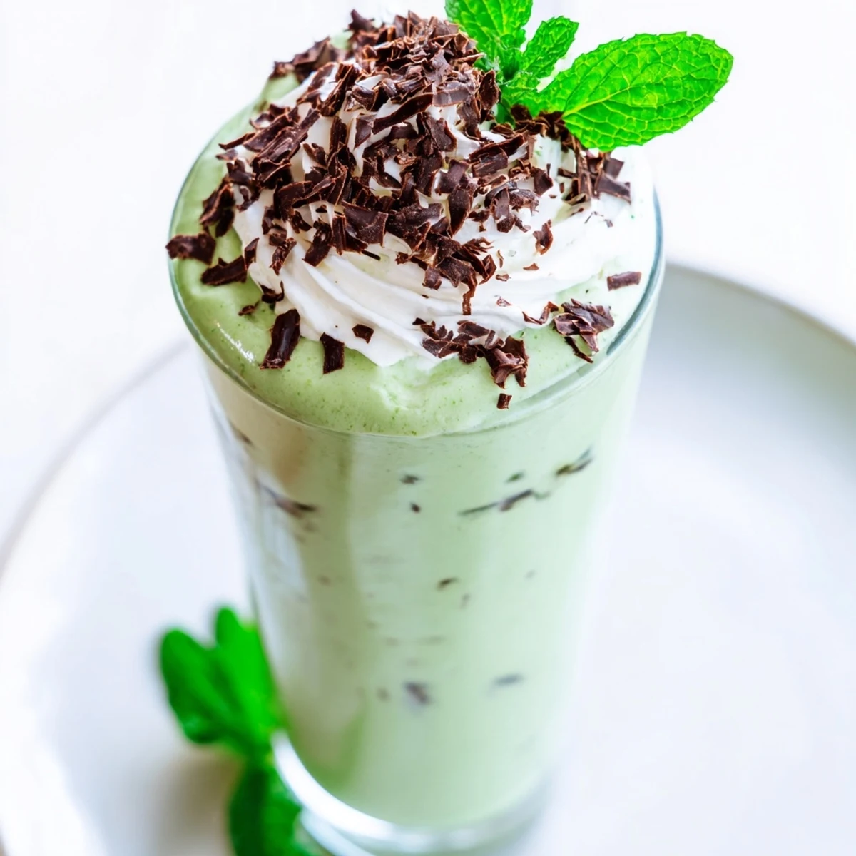Refreshing Mint Chocolate Chip Milkshake with green hue, chocolate chips, and mint garnish on a napkin.