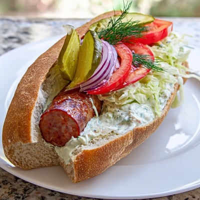 A close-up of a juicy Cajun beef sausage po boy sandwich, showcasing the tangy Creole remoulade and crisp vegetables. 