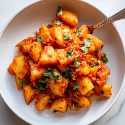 Crispy papas con chile topped with fresh cilantro in a cast iron skillet