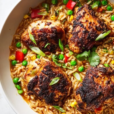 Golden jerk-seasoned chicken thighs nestled in fluffy coconut rice with bell peppers