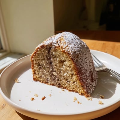 Moist banana cake topped with creamy frosting beside a steaming cup of tea