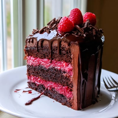Decadent Heavenly Raspberry Chocolate Mousse Cake topped with glossy ganache and fresh ripe raspberries