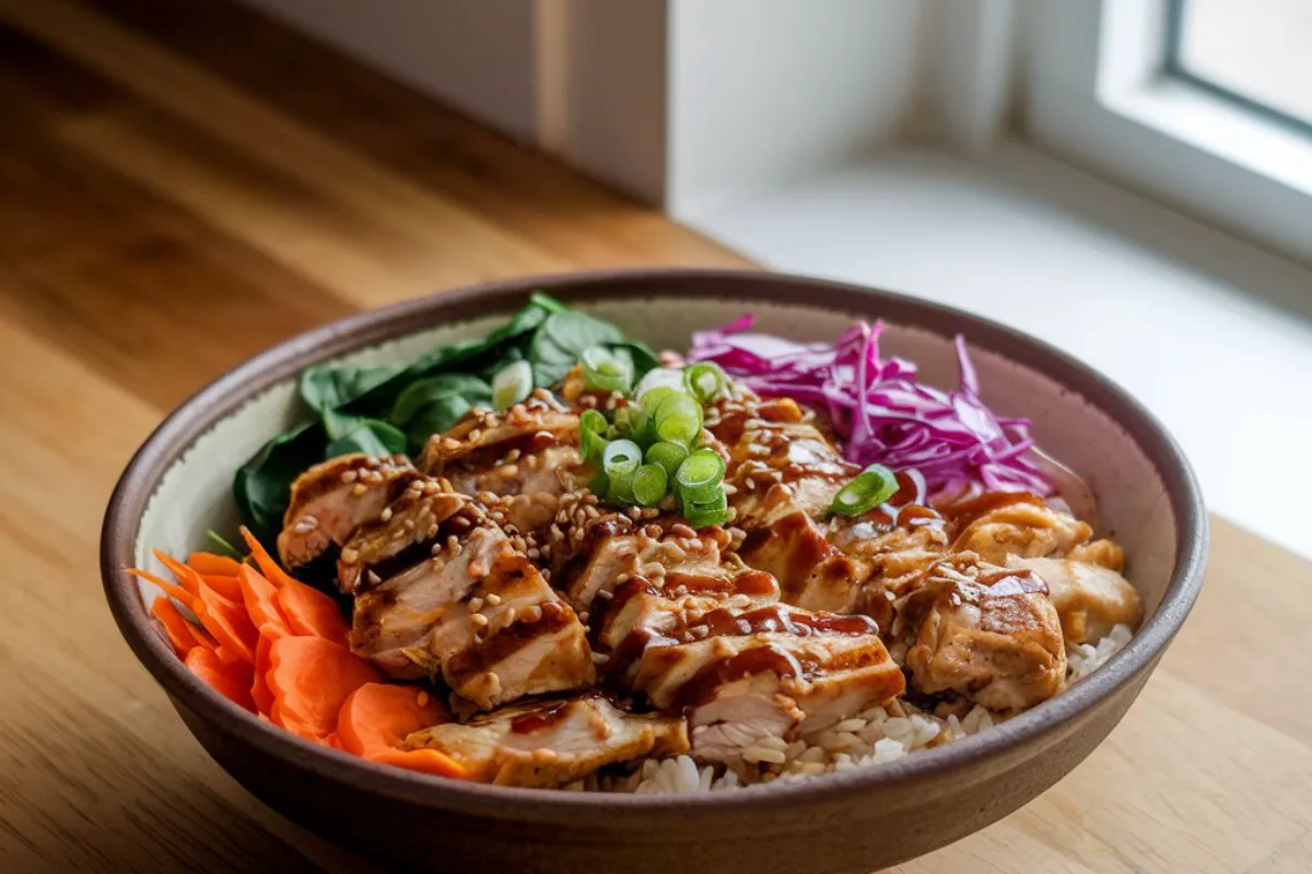 An image of a Bibibop copycat chicken bowl served in a ceramic bowl on a wooden table, featuring grilled chicken, vibrant vegetables like carrots, spinach, and purple cabbage, with steamed rice, sesame sauce, sesame seeds, and green onions. The setting has a warm, homemade feel with natural lighting