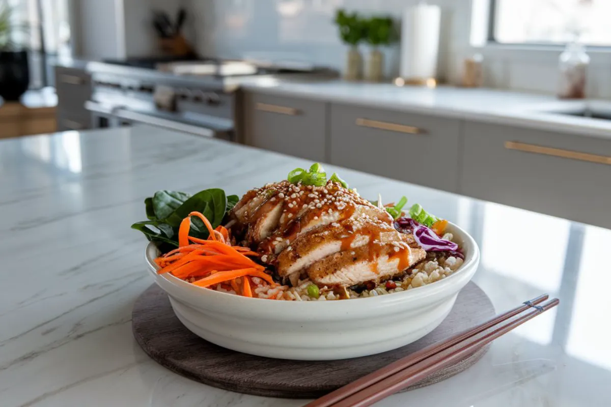 An image of a Bibibop copycat chicken bowl served in a ceramic bowl on a wooden table, featuring grilled chicken, vibrant vegetables like carrots, spinach, and purple cabbage, with steamed rice, sesame sauce, sesame seeds, and green onions. The setting has a warm, homemade feel with natural lighting