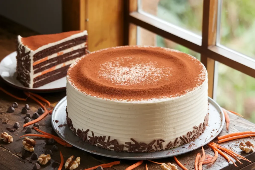 An image of a freshly baked carrot and chocolate cake with cream cheese frosting, garnished with cocoa powder. Slices of the cake are displayed on a rustic wooden table with grated carrots, chocolate chips, and walnuts, creating a homemade and cozy atmosphere.