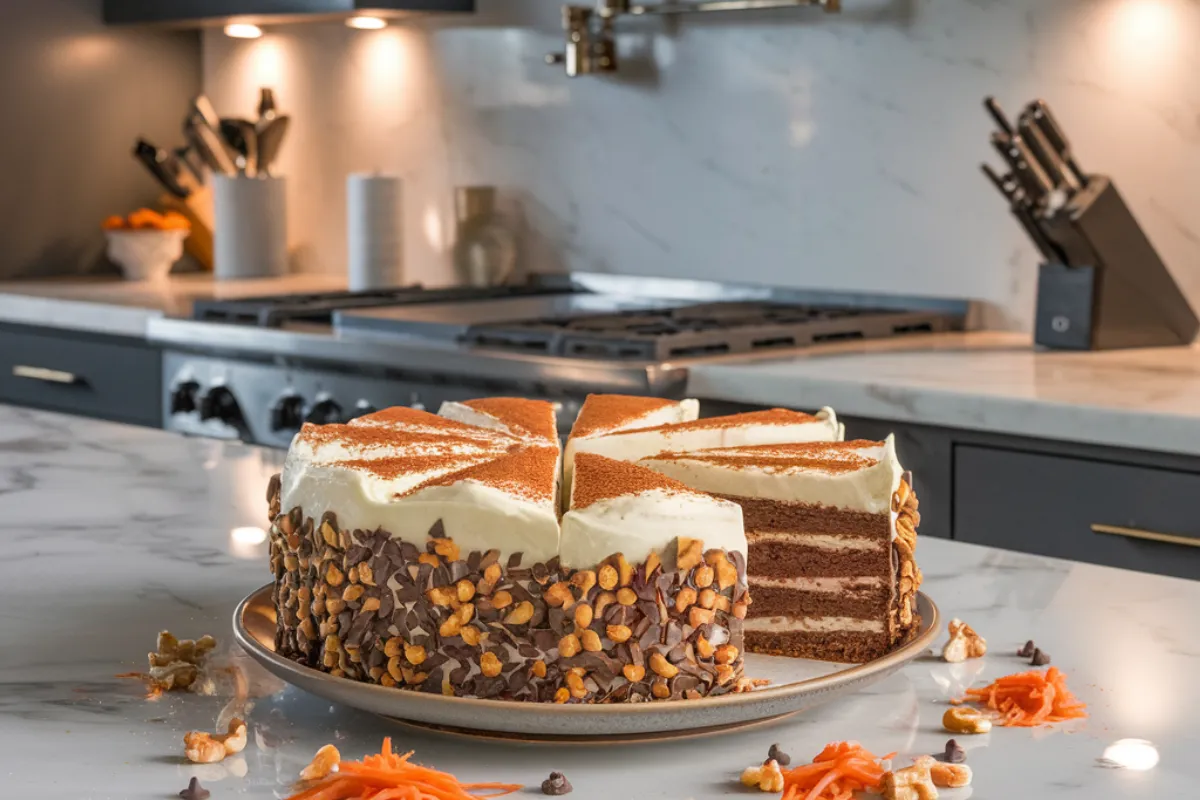 An image of a freshly baked carrot and chocolate cake on a marble kitchen countertop, topped with cream cheese frosting and cocoa powder. Slices of the cake are plated nearby, surrounded by grated carrots, chocolate chips, and walnuts, with a modern kitchen backdrop featuring a stove and shelves.