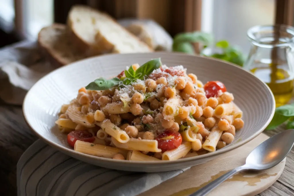 An image of a bowl of chickpea pasta served on a rustic wooden table, mixed with cherry tomatoes, fresh basil, and Parmesan cheese, with a light sauce and chickpeas, garnished with a slice of crusty bread and a drizzle of olive oil. Natural lighting enhances the homemade feel.