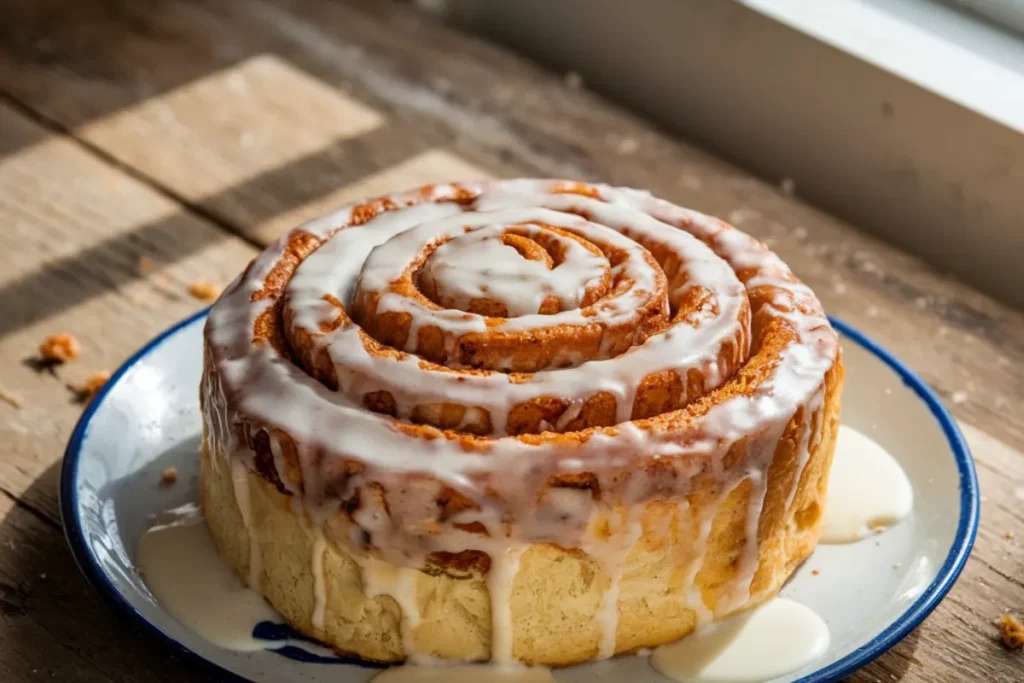 An image of a large, freshly baked Texas-style cinnamon roll on a rustic wooden table, coated with creamy icing and visible cinnamon swirls, with golden-brown crispy edges and a soft, gooey center. The setting has natural lighting, creating a warm, homemade feel.