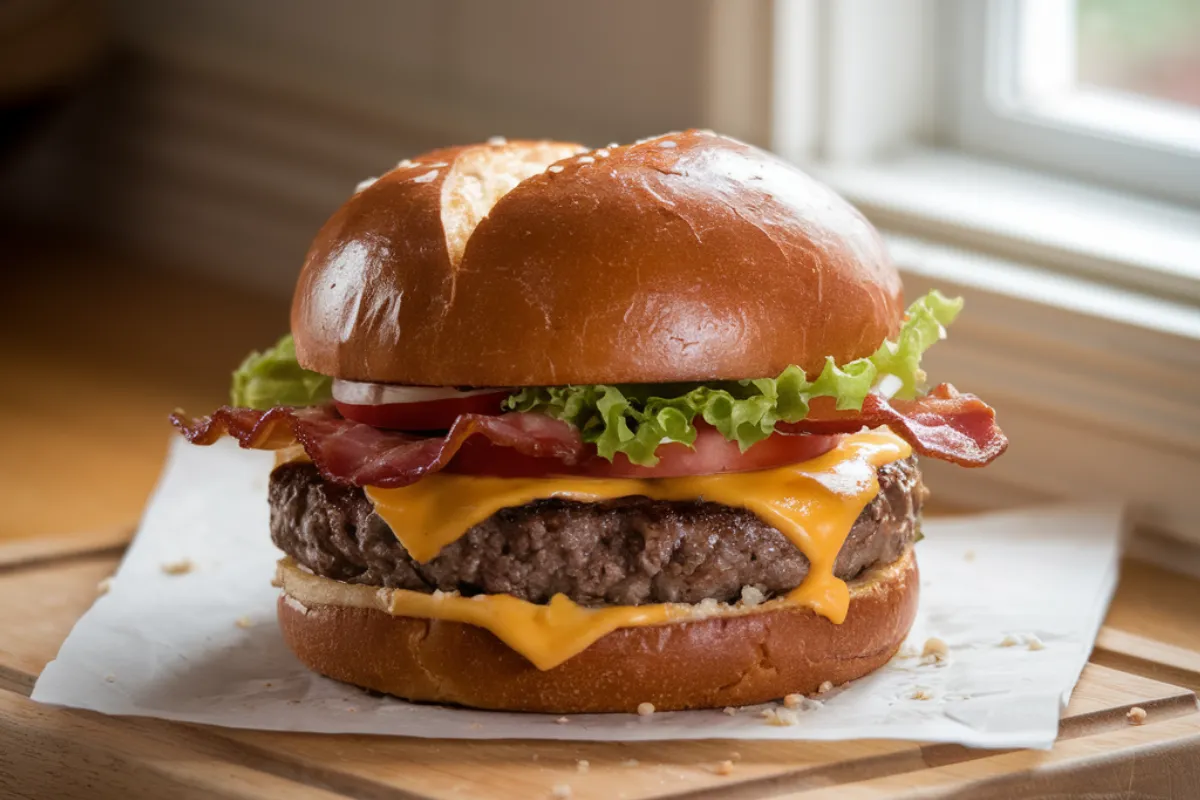 An image of a bacon cheeseburger with a soft pretzel bun, featuring a thick beef patty, crispy bacon, melted cheese, fresh lettuce, and tomatoes. The pretzel bun has a glossy, golden-brown crust, and the burger is set on a wooden cutting board in a warm kitchen with natural lighting. does the pretzel bun on thee b baconator have dairy