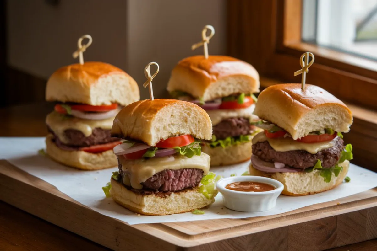 Wagyu beef sliders served on a wooden cutting board, each slider featuring a juicy Wagyu beef patty, melted cheese, lettuce, tomatoes, and onions, held by golden-brown buns. The scene is set with natural lighting in a cozy kitchen.