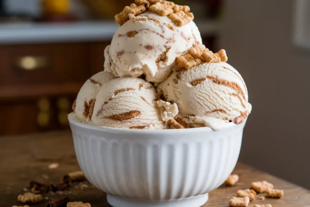 An image of a bowl of homemade Cinnamon Toast Crunch ice cream served in a white ceramic bowl, topped with crunchy cereal pieces, with swirls of cinnamon throughout. The setting is on a wooden kitchen table with natural lighting, creating a warm and inviting homemade feel.