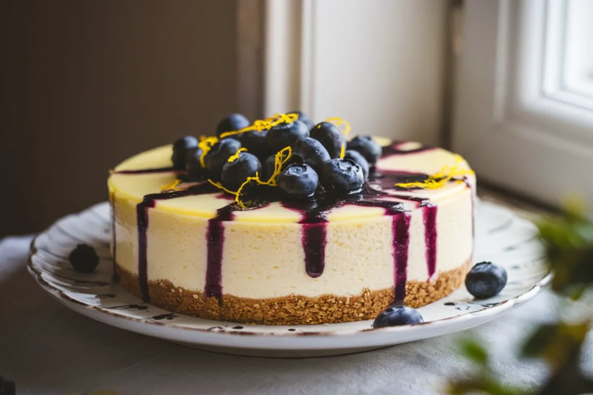 An image of a homemade lemon blueberry cheesecake served on a white ceramic plate, topped with fresh blueberries and blueberry sauce, with a golden-brown graham cracker crust. The setting is on a rustic kitchen table with natural lighting, creating a warm and inviting homemade feel.