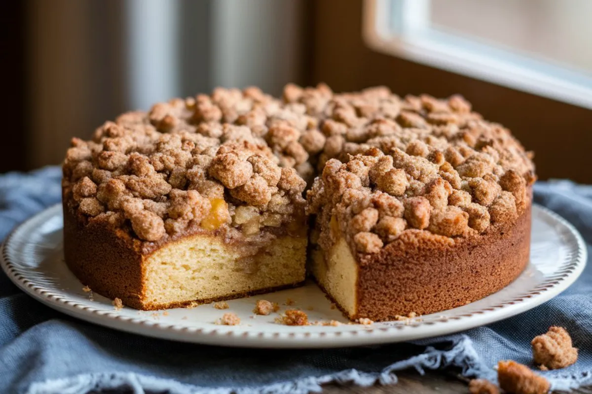 An image of a freshly baked applesauce crumb cake on a rustic wooden table, topped with a golden-brown crumb topping with visible cinnamon and sugar. The cake has a soft, moist interior, and natural lighting creates a warm, homemade feel.