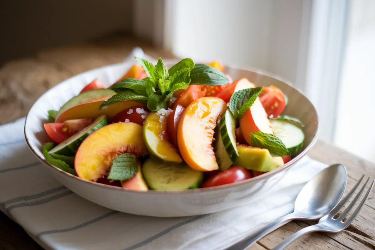 An image of a vibrant Peach Avocado Tomato Cucumber Salad in a white ceramic bowl on a rustic wooden table. The salad includes colorful slices of peaches, avocado, tomatoes, and cucumber, garnished with fresh herbs and a light drizzle of olive oil.