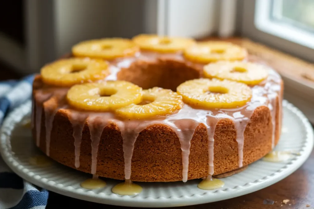 A freshly baked pineapple pound cake on a white ceramic plate, topped with caramelized pineapple slices and a light glaze, with crumbs scattered around. The cake sits on a rustic wooden table with warm natural lighting.