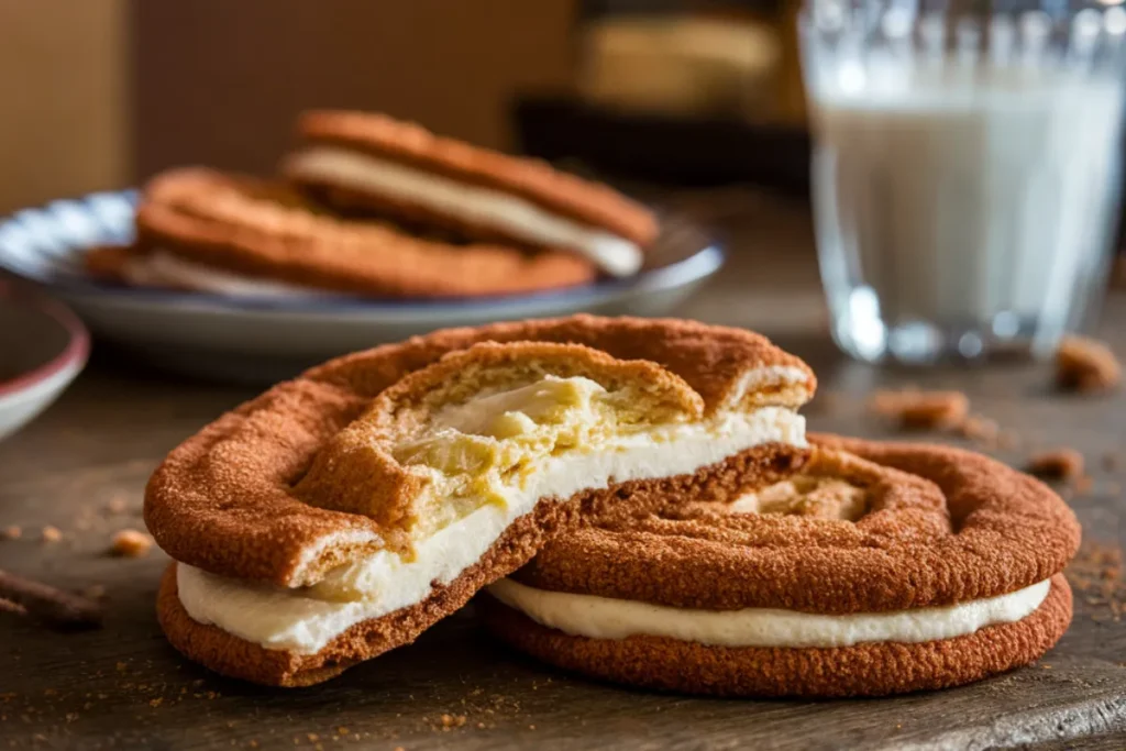 Close-up of homemade churro cheesecake cookies with a cinnamon sugar coating, cracked to reveal a creamy cheesecake filling, set on a rustic wooden table