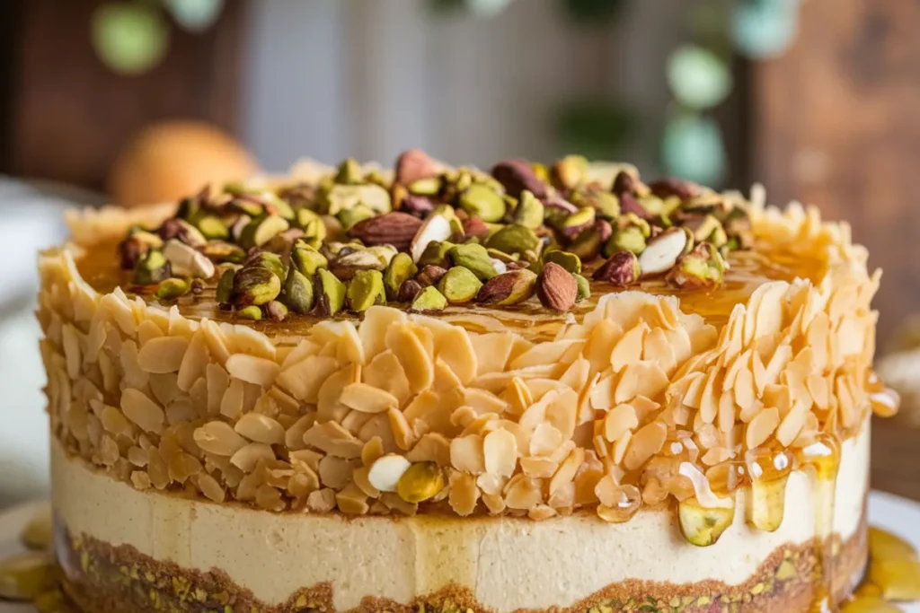 Close-up of honey pistachio baklava cheesecake topped with golden, flaky baklava layers and chopped pistachios, drizzled with honey on a white plate