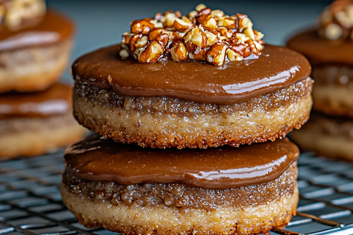 A batch of freshly baked pecan pie cookies, topped with caramelized pecans and golden crusts, arranged on a rustic wooden table