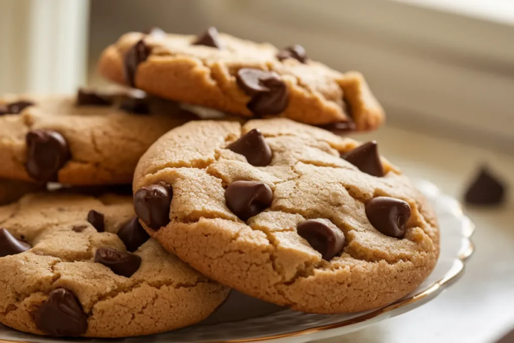 Close-up of freshly baked Betty Crocker cookies with golden-brown edges and melted chocolate chips, served on a white plate in natural lighting