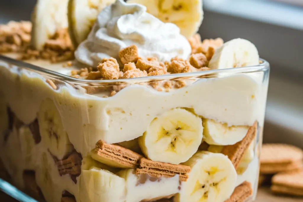 Close-up of creamy banana pudding layered with vanilla wafers and banana slices, topped with whipped cream and served in a clear glass dish