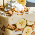 Close-up of creamy banana pudding layered with vanilla wafers and banana slices, topped with whipped cream and served in a clear glass dish