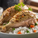 Close-up of tender chicken pieces served over steamed rice with sautéed vegetables, garnished with parsley, in a white bowl cooked in a rice cooker