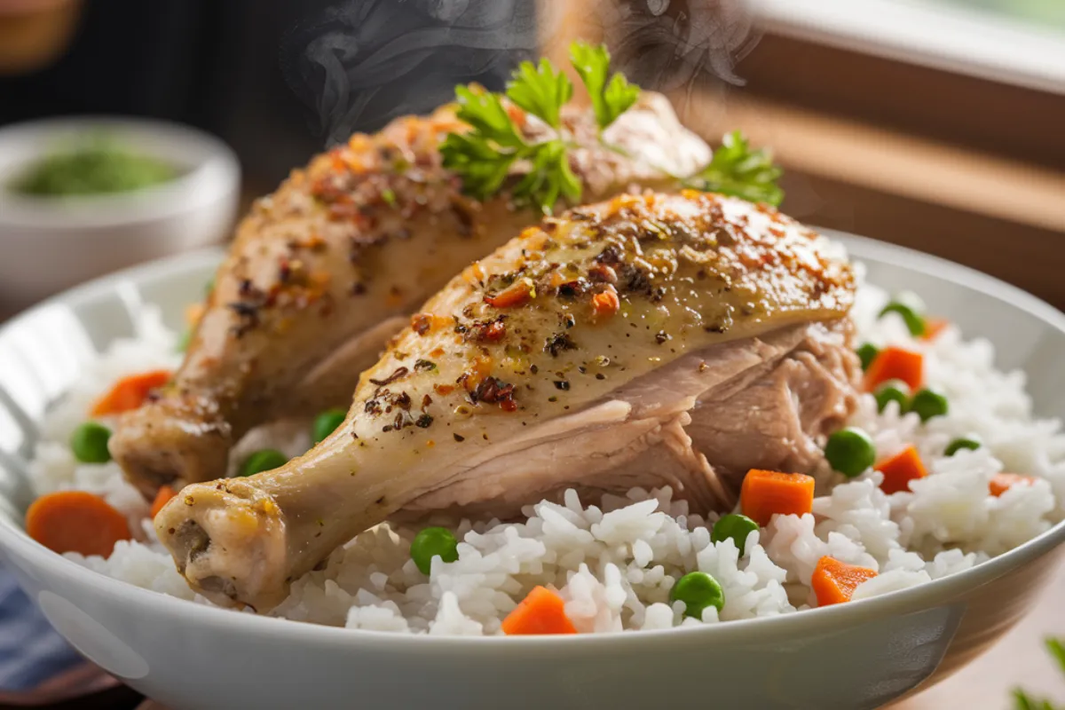 Close-up of tender chicken pieces served over steamed rice with sautéed vegetables, garnished with parsley, in a white bowl cooked in a rice cooker