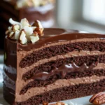 Close-up of a slice of German chocolate poke cake with rich chocolate ganache filling and topped with coconut-pecan frosting on a white plate