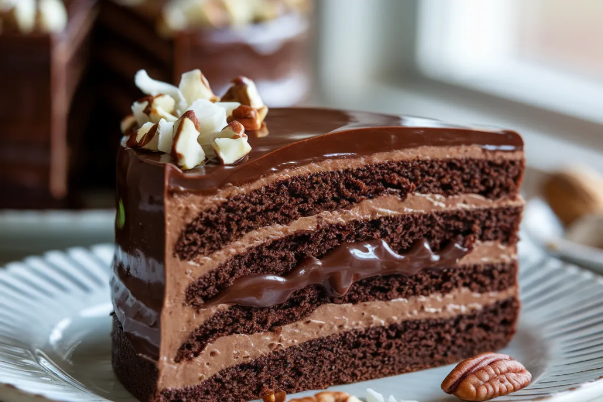 Close-up of a slice of German chocolate poke cake with rich chocolate ganache filling and topped with coconut-pecan frosting on a white plate